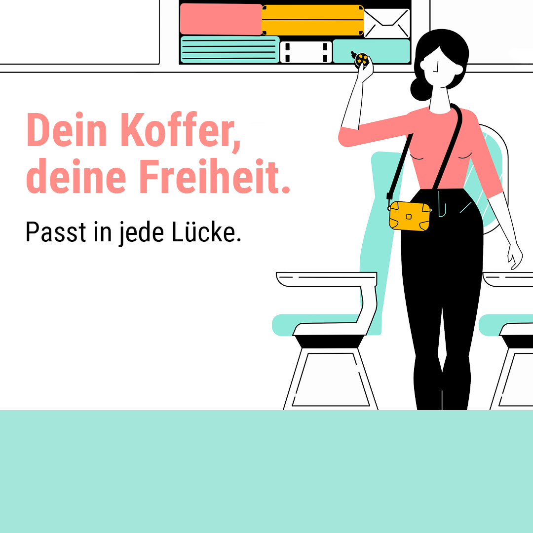 Illustration einer Frau im Flugzeug, die einen Koffer in die Gepäckablage legt Grafik mit Schriftzug 'Dein Koffer, deine Freiheit. Passt in jede Lücke.' Eine Frau verstaut einen kleinen Koffer im Flugzeug