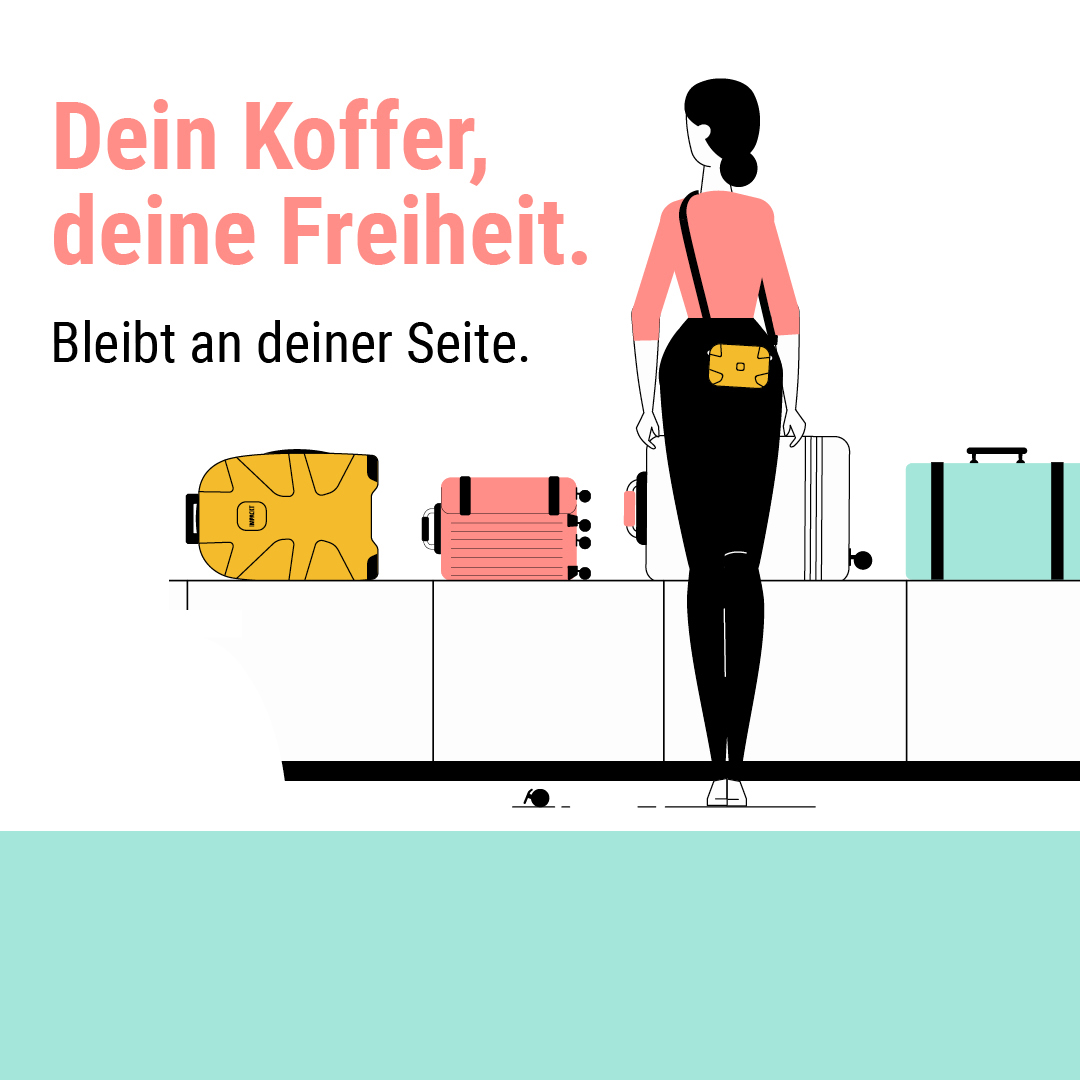 Illustration einer Reisenden mit bunten Koffern und dem Slogan 'Dein Koffer, deine Freiheit. Bleibt an deiner Seite.' Grafik einer Person mit Gepäck und dem Text 'Dein Koffer, deine Freiheit. Bleibt an deiner Seite.'