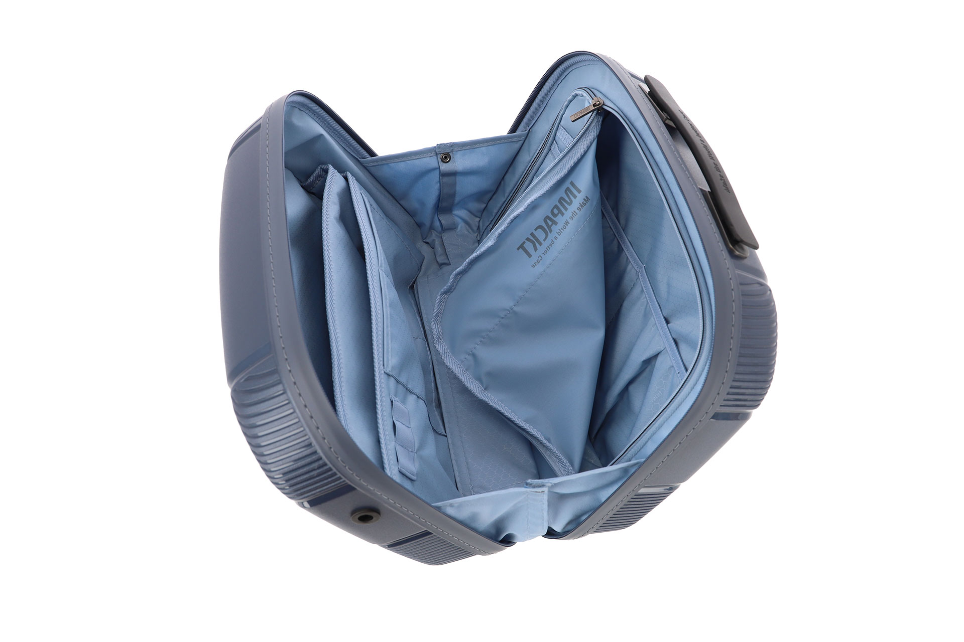 Innenansicht eines kofferförmigen Rucksacks mit mehreren Fächern Offener Rucksack in Kofferform mit vielen Innenfächern und hellblauem Stoff