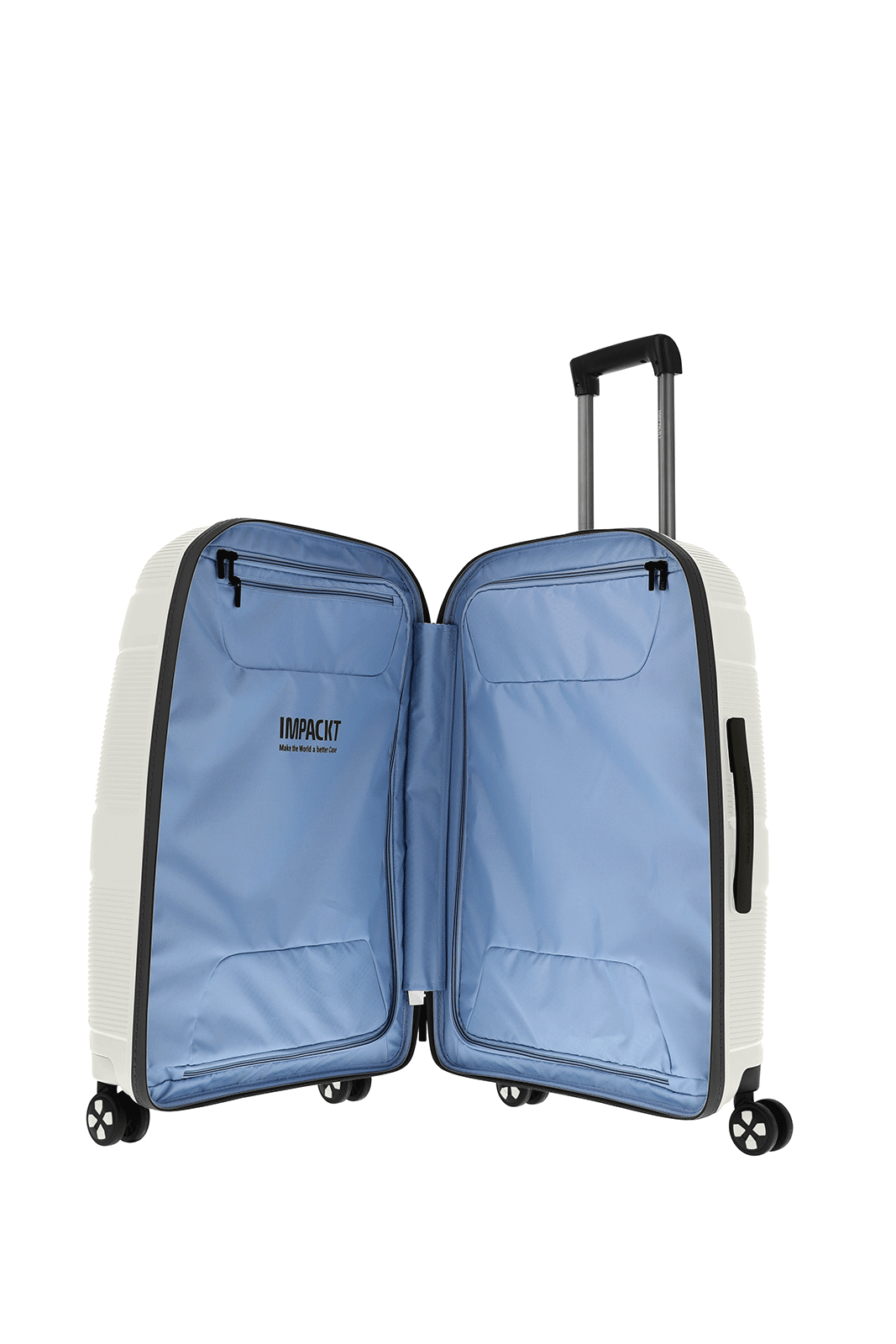 Offener Hartschalenkoffer mit blauer Innenverkleidung und Teleskopgriff Offener Hartschalenkoffer mit blauer Innenverkleidung und vier Rollen