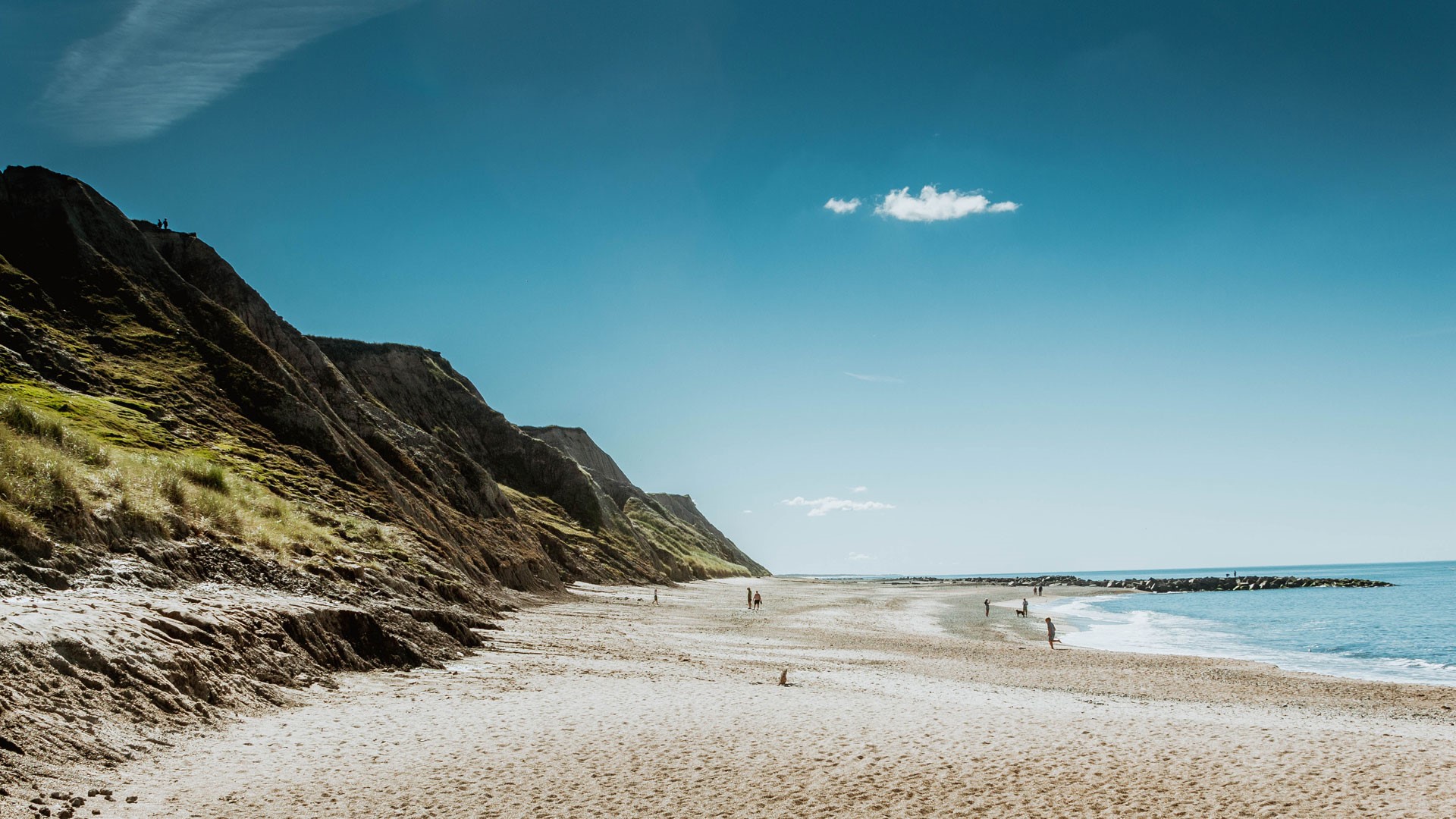Panoramablick auf einen sonnigen Strand mit Klippen Sonniger Strand mit grünen Klippen und klarem blauen Himmel
