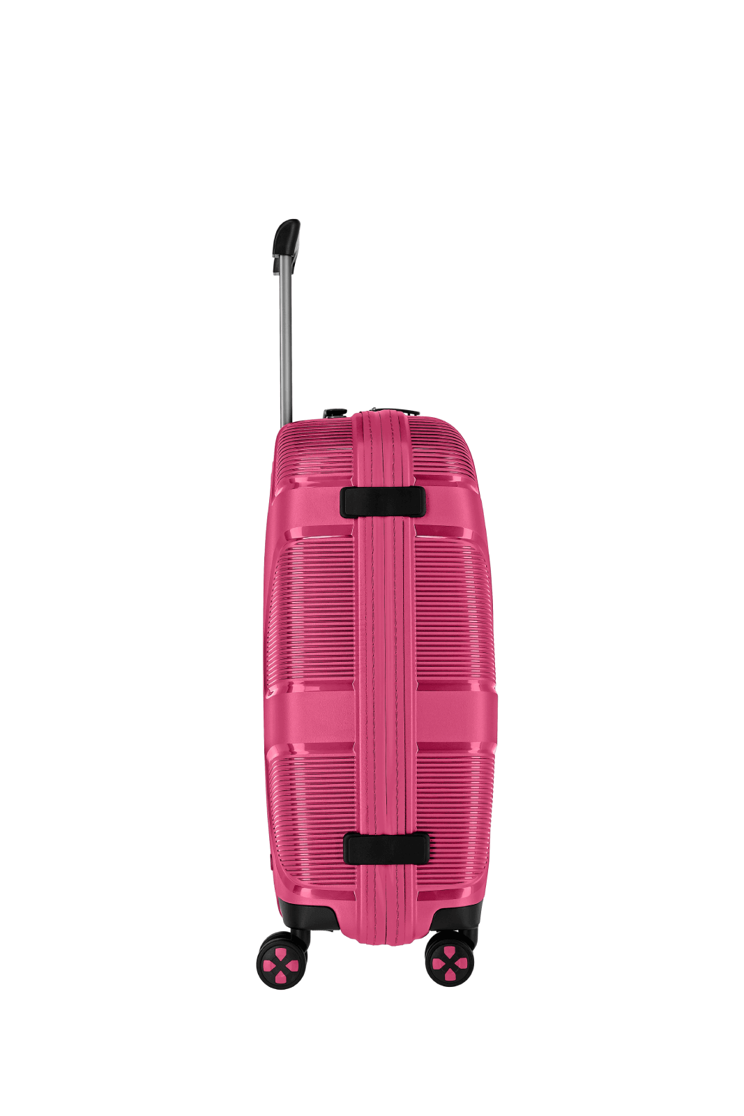 Moderner pinker Reisekoffer mit Teleskopgriff und Rollen, seitliche Ansicht Seitliche Ansicht eines modernen pinken Reisekoffers mit Teleskopgriff und Rollen