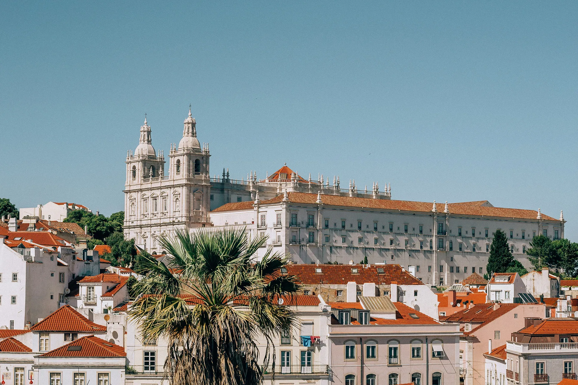 Portugal - Sustainable and enchanting Blick auf ein großes, historisches Gebäude mit zwei Türmen, umgeben von weißen Häusern mit roten Dächern und einer großen Palme im Vordergrund an einem klaren, sonnigen Tag.