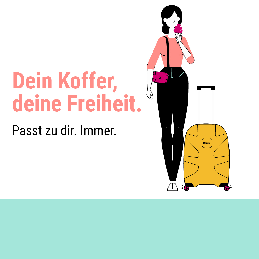 Illustration einer Frau mit Koffer und Eiscreme Stilvolle Frau mit gelbem Koffer und Eis, mit dem Slogan 'Dein Koffer, deine Freiheit. Passt zu dir. Immer.' im Hintergrund.
