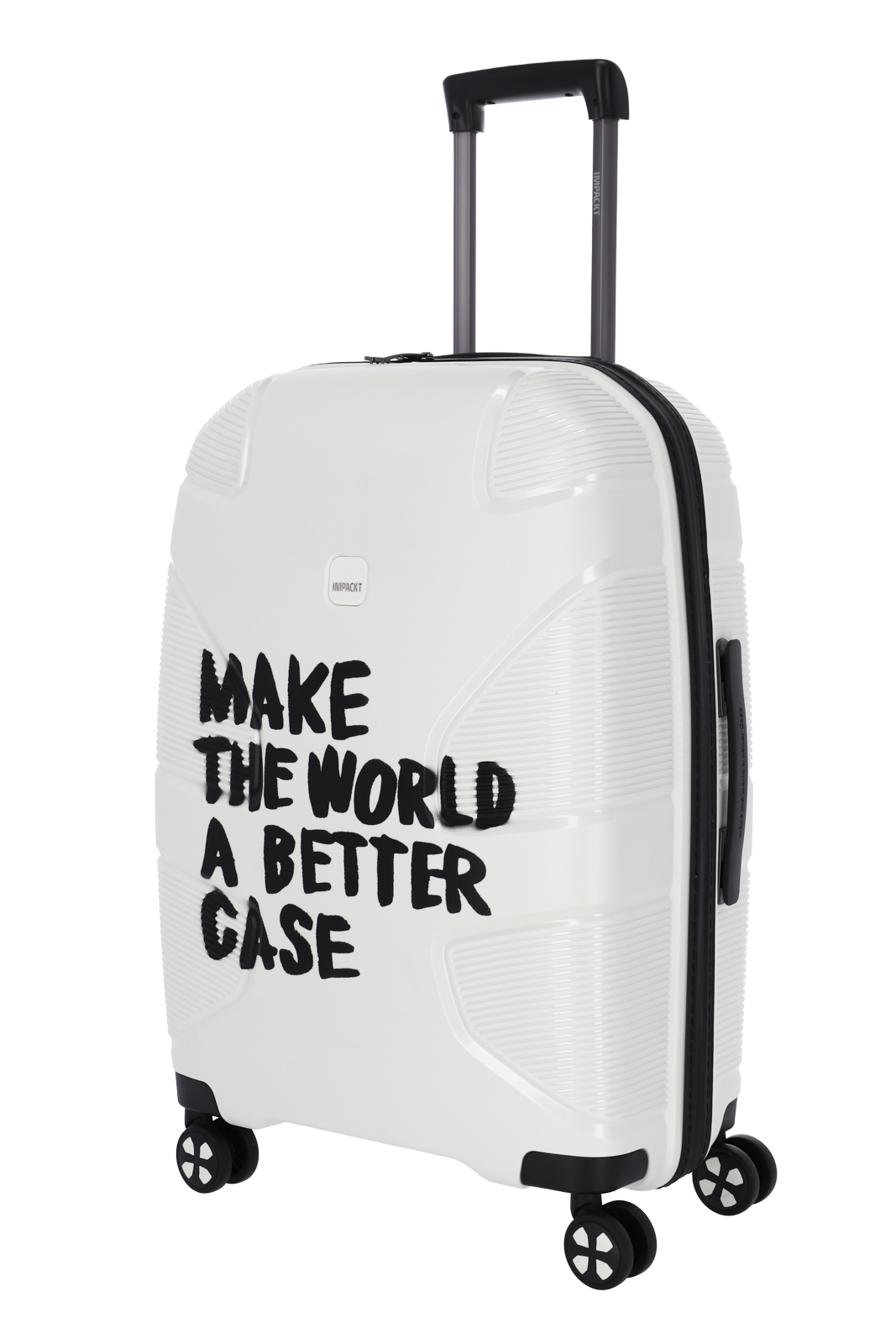 Moderner weißer Koffer mit inspirierendem Schriftzug Weiße Hartschalenkoffer mit der Aufschrift 'Make the world a better case' und schwarzen Rädern