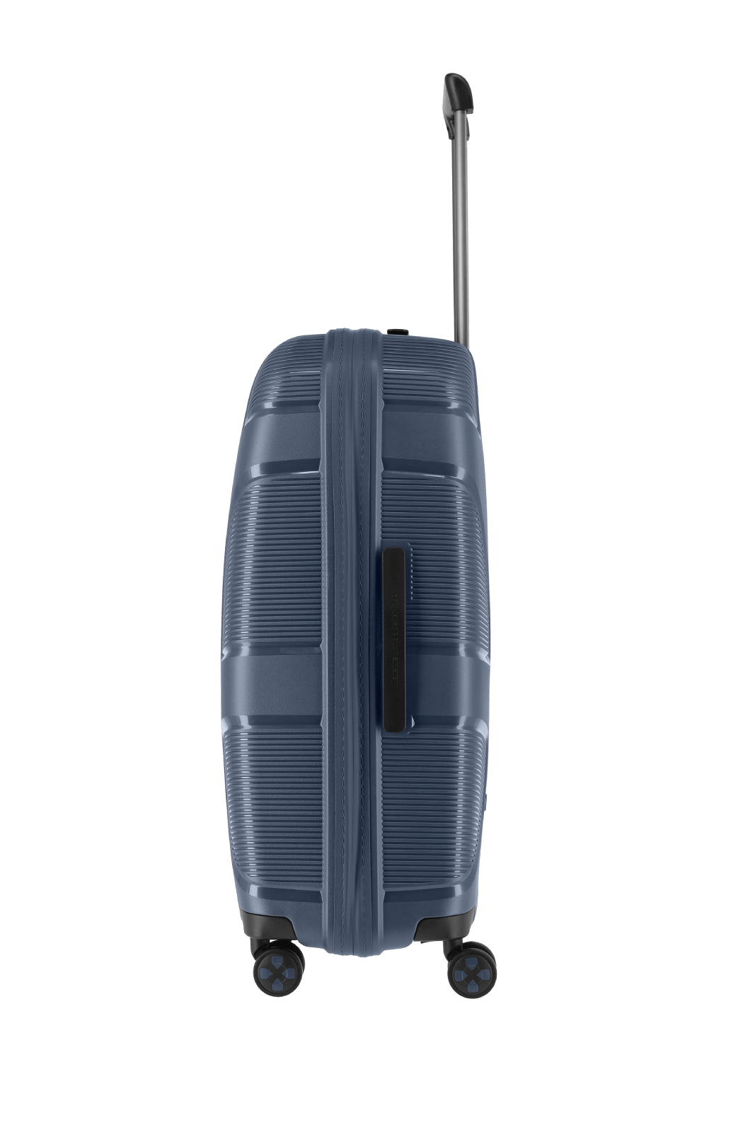Hochwertiger blauer Rollkoffer, seitliche Ansicht Seitliche Ansicht eines blauen Rollkoffers mit Teleskopgriff und Rollen