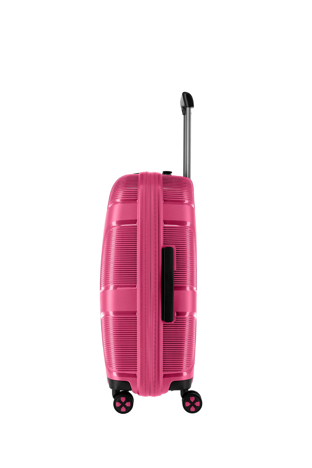Seitenansicht eines pinken Hartschalenkoffers mit ausziehbarem Griff und Rollen Pinker Hartschalenkoffer mit ausziehbarem Griff, Seitenansicht