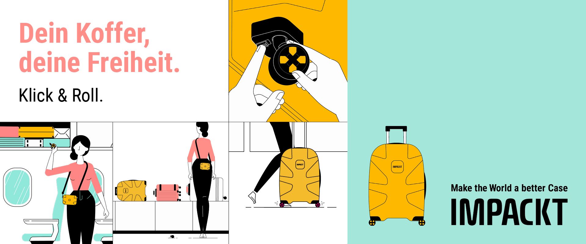 Illustration eines modernen Rollkoffers von Impackt mit Slogan 'Dein Koffer, deine Freiheit' Grafik eines gelben Rollkoffers von Impackt mit einer Frau, die den Koffer benutzt, und dem Text 'Dein Koffer, deine Freiheit. Klick & Roll.'