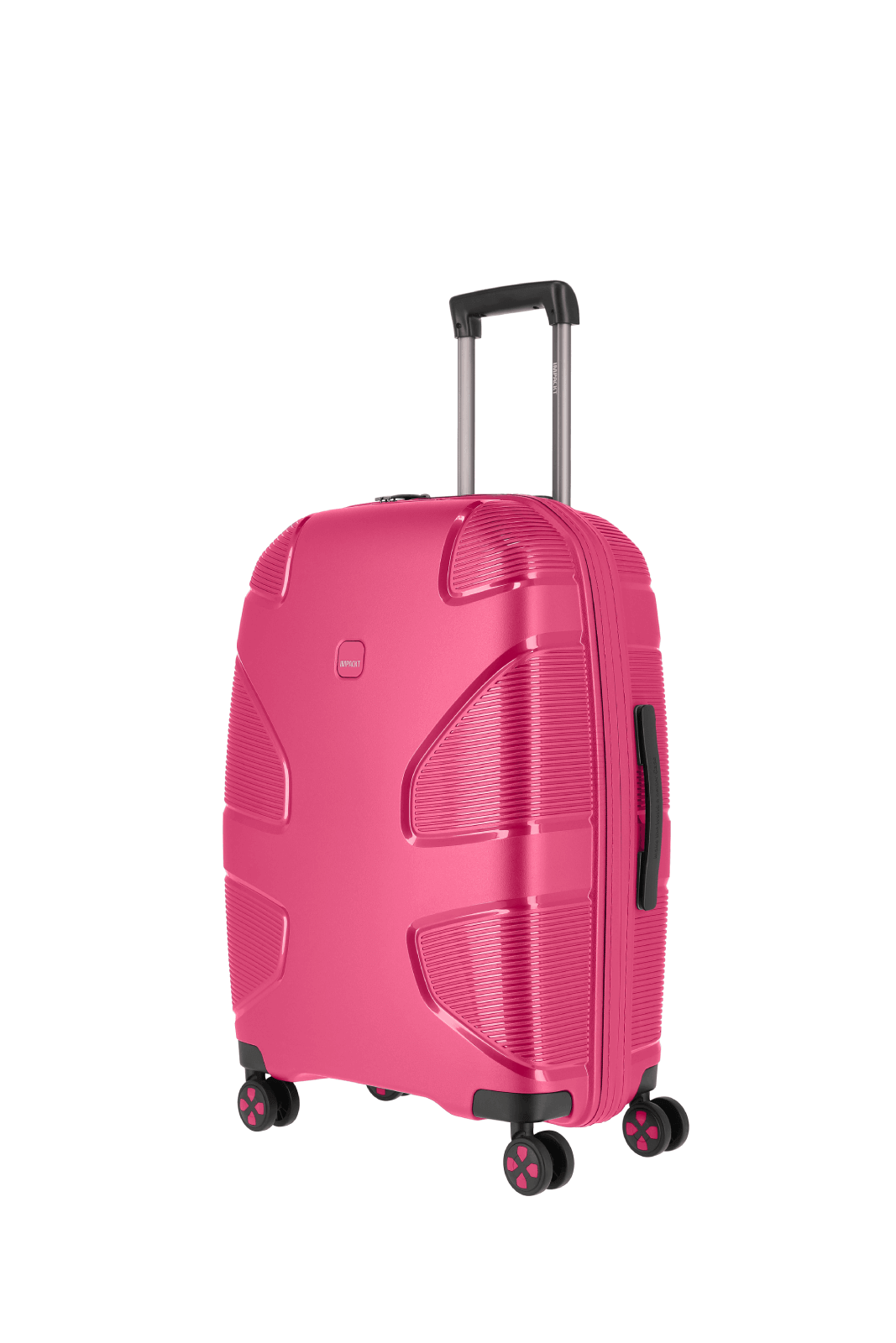 Robuster pinker Hartschalenkoffer mit Rollen und Teleskopgriff Pinker Hartschalenkoffer mit vier Rollen und verstellbarem Griff