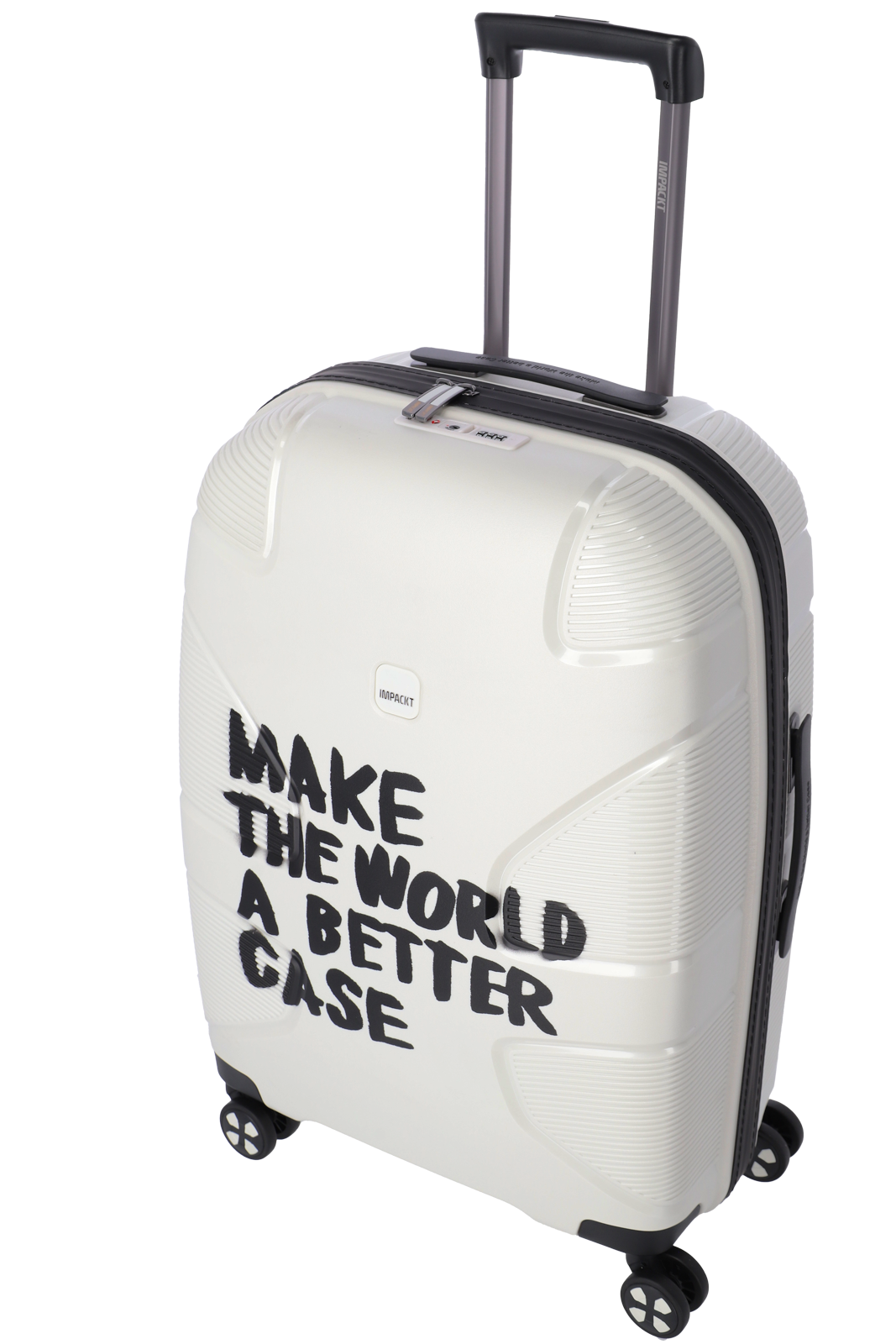 Weißer Hartschalenkoffer mit Slogan 'Make the World a Better Case' Weißer Koffer mit Teleskopgriff und Aufschrift 'Make the World a Better Case'