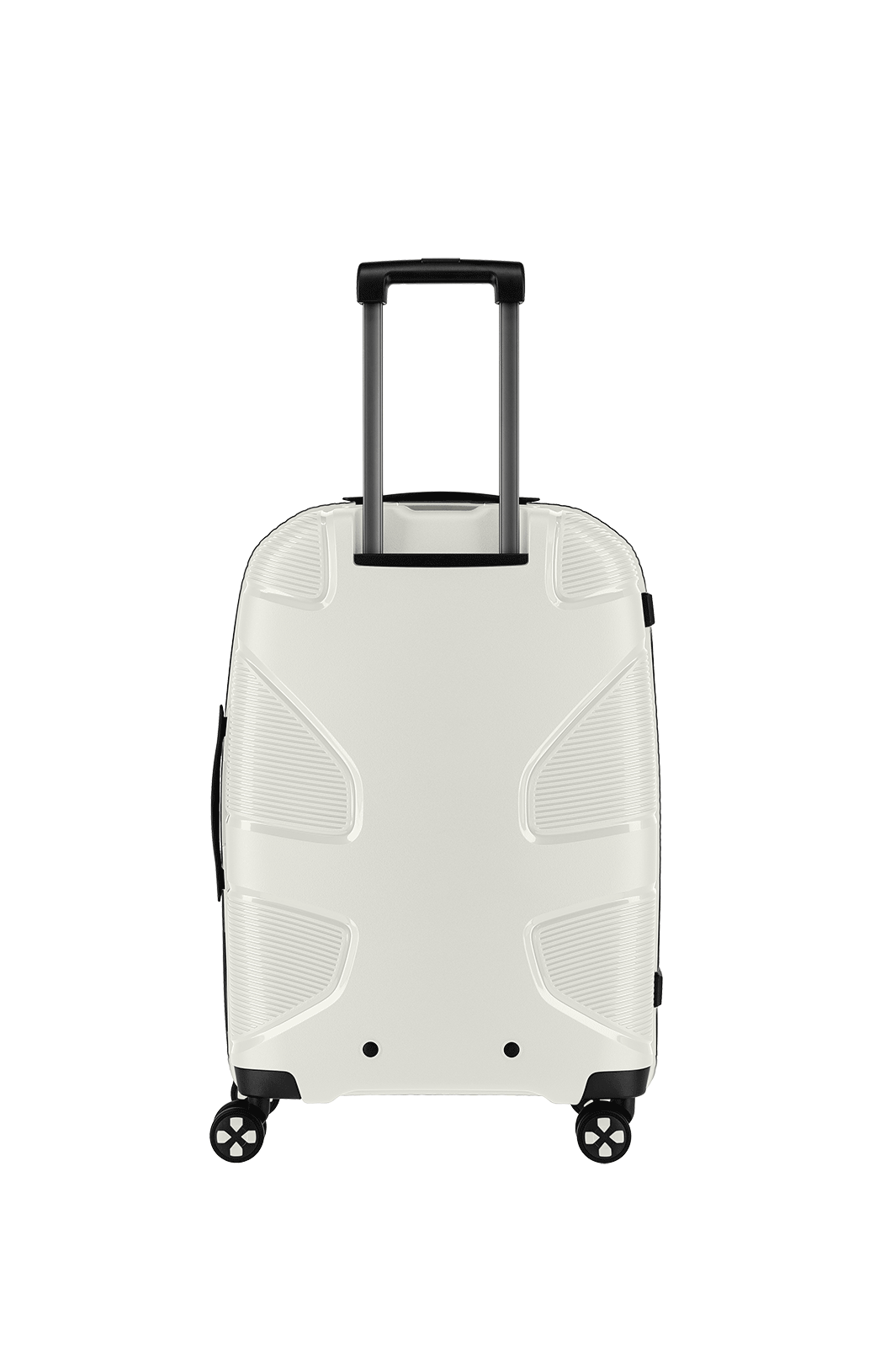 Moderner weißer Rollkoffer mit Teleskopgriff Weiße Reisetasche mit vier Rollen und Teleskopgriff von hinten