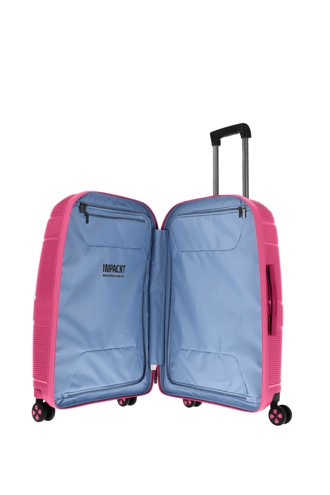 Moderner pink-blauer Hartschalenkoffer mit Rädern und ausziehbarem Griff Offener pink-blauer Hartschalenkoffer mit geräumigem Innenraum und Rollen