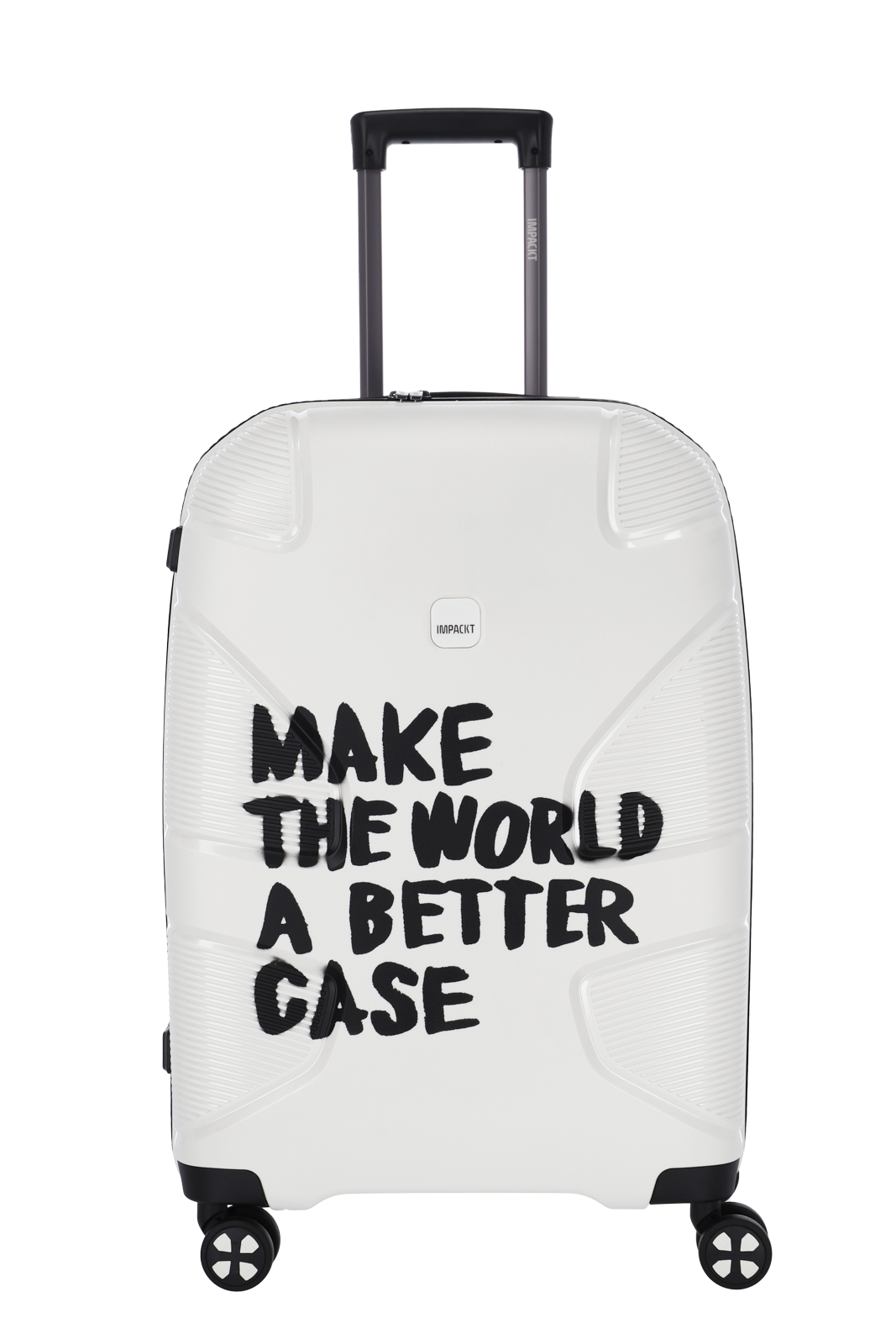 Moderner weißer Hartschalenkoffer mit Teleskopgriff und Spruch Weißer Koffer mit der Aufschrift 'Make the world a better case', ausgestattet mit Teleskopgriff und Rollen