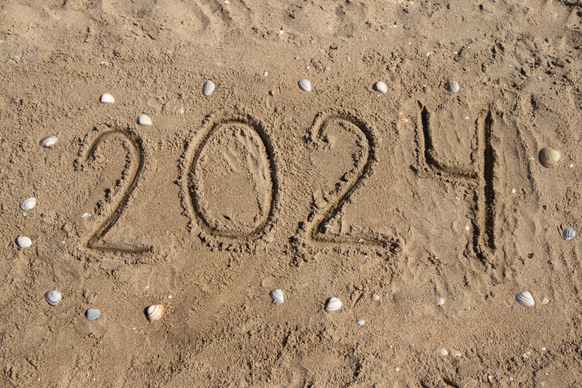 Reisetrends 2024 – entdecke Dein nächstes Reiseziel Das Jahr 2024 ist mit der Hand in den Sand am Strand geschrieben, umgeben von Muscheln.