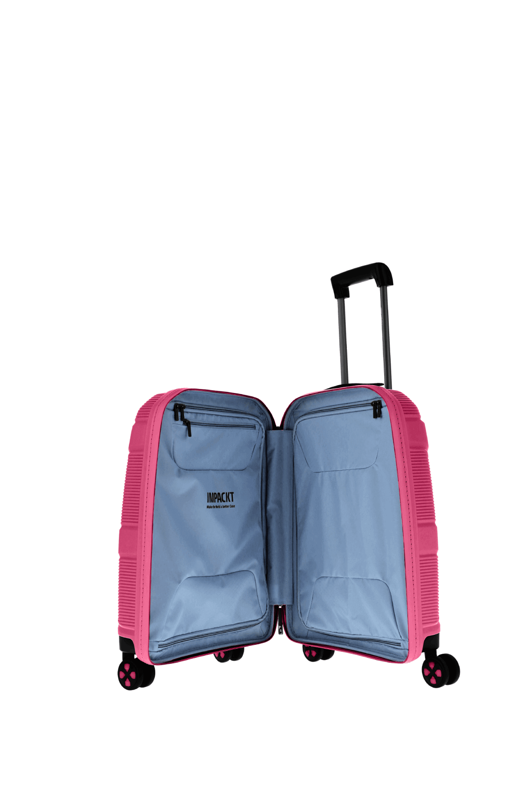 Offener pinkfarbener Koffer mit ausziehbarem Griff und Innenfächern Ein offener pinker Trolley mit blaufarbenem Innenfutter und ausziehbarem Griff, ideal für Reisen