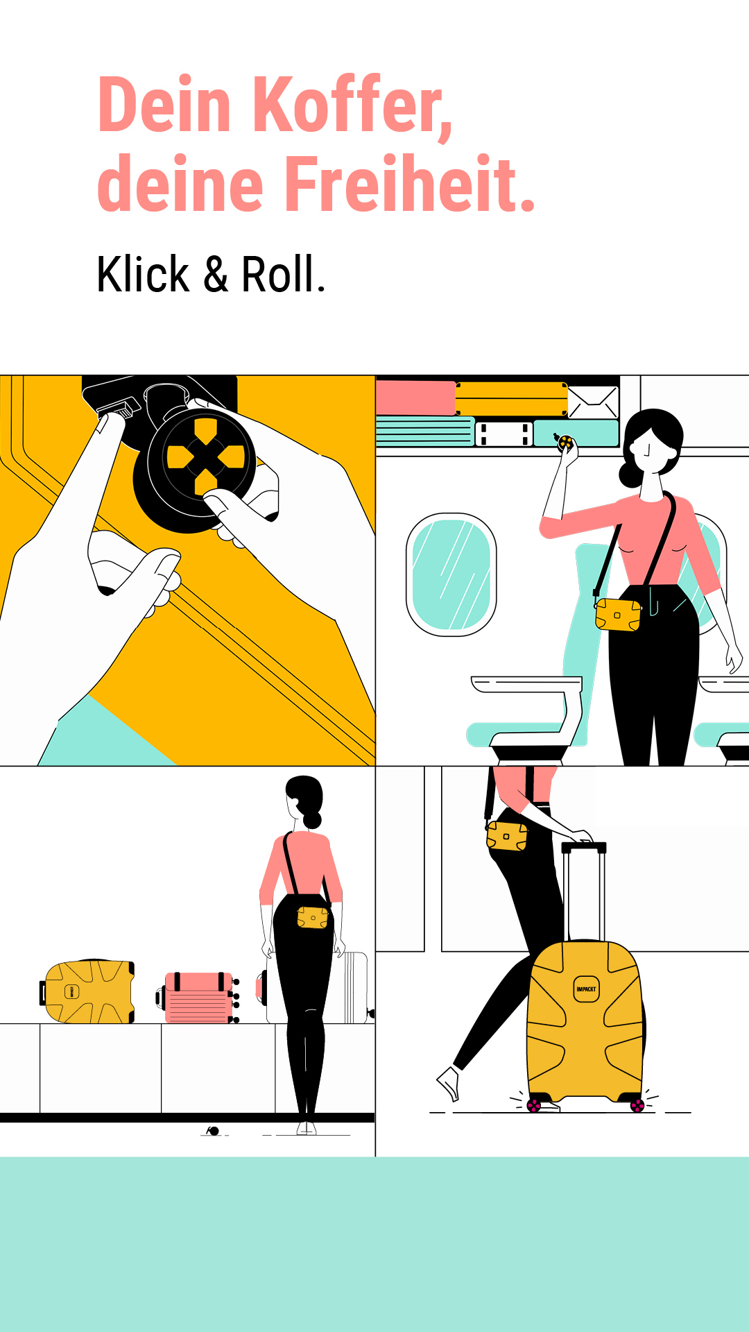 Moderne Gepäckerlebnis: Koffer mit Fernbedienung für stressfreies Reisen Illustration einer Person mit stylischem Koffer und Fernbedienung für einfaches Reisen