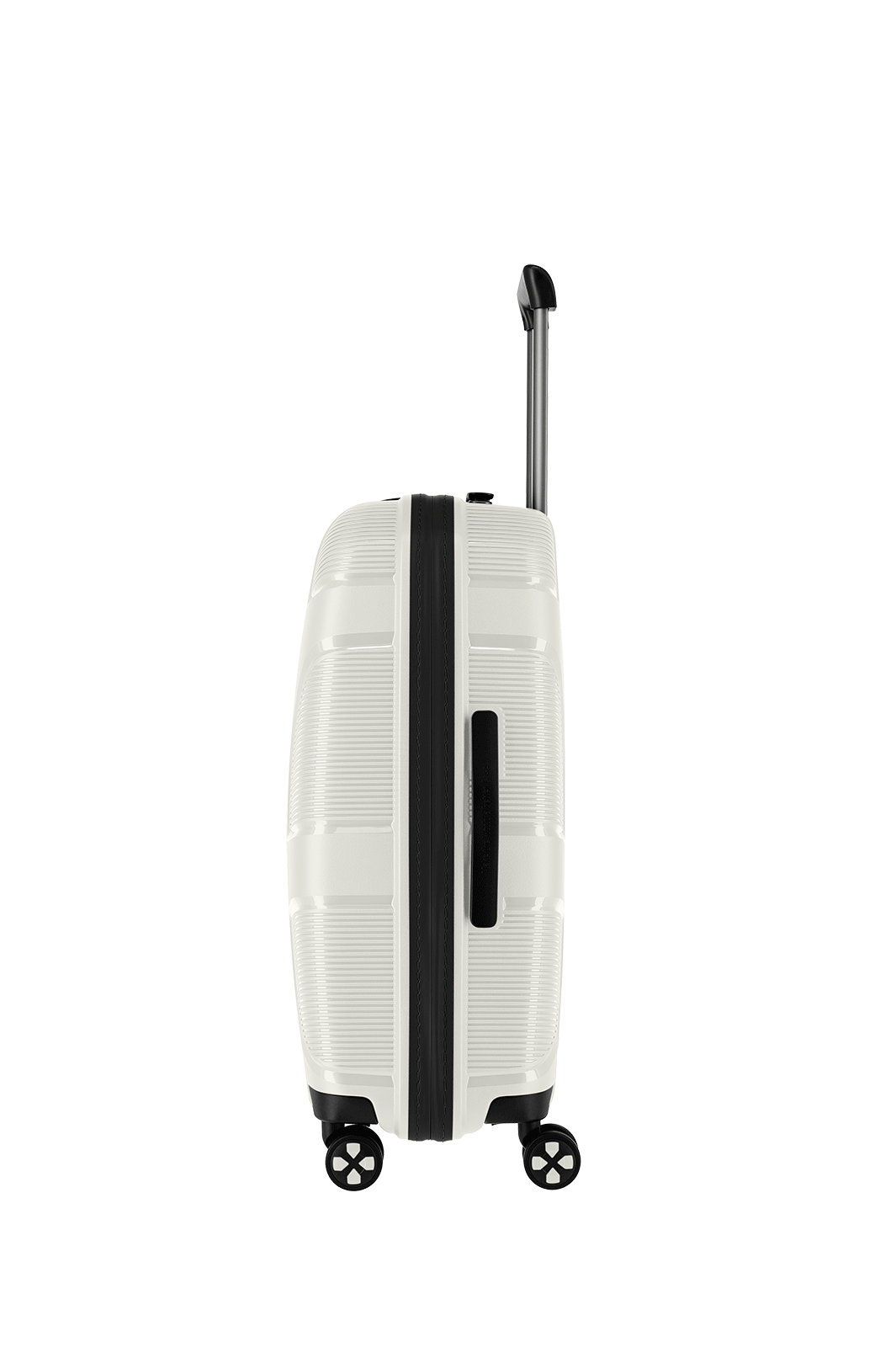 Moderner weißer Koffer mit Teleskopgriff und Rollen in Seitenansicht Seitenansicht eines weißen Koffers mit Teleskopgriff und Rollen, ideal für Reisen